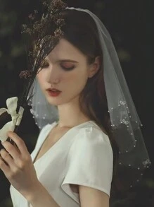 Women's Party Tiara White Double Cropped Bow Element Beads, Simple Fashion Photo Items, Bridal Wedding Chapel Veil 1pc - White - View 3