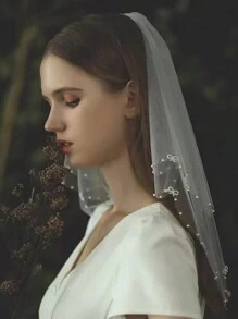 Women's Party Tiara White Double Cropped Bow Element Beads, Simple Fashion Photo Items, Bridal Wedding Chapel Veil 1pc - White - View 5