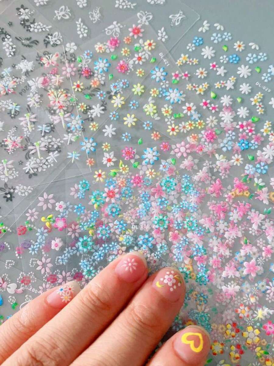 [Set Of 10] 3D Nail Stickers With Lovely Spring Flowers, Waterproof And
