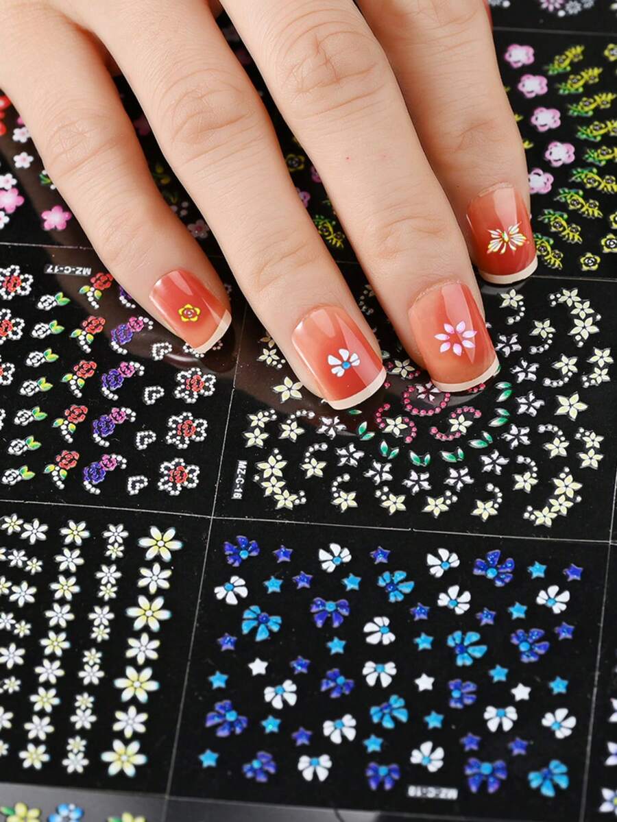 [Set Of 10] 3D Nail Stickers With Lovely Spring Flowers, Waterproof And