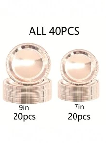 40pcs Disposable Paper Plates, 9-Inch And 7-Inch, Suitable For Wedding And Birthday Parties, Gold/Rose Gold/Silver Colored Dessert Decoration, BBQ/Cake Plate Tableware, Baking Utensils,Christmas