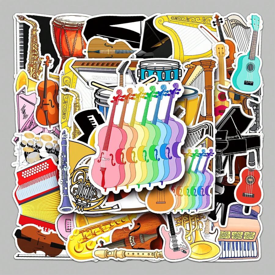 50pcs Musical Materials Stickers For Laptop Refrigerator Suitcase Car Skateboard Album Motorcycle Water Bottle Scrapbook DIY Boxes Packing Label Party Sticker - Multicolor - View 1