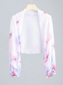 1件女士印花休闲长袖披肩，可搭配连衣裙