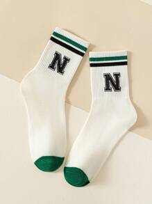 1/2/3/4 双男式米色数字条纹休闲复古街头风格运动中筒袜 - 米色 - 查看 3