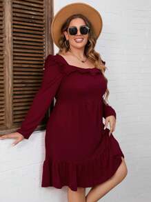 Women's Plus Size A Line High Waist Ruffle Square Neck Belted Long Sleeve Dress Midi Dress With Belted - 酒紅色 - 查看 4