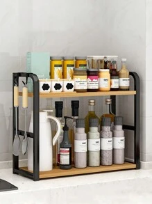 1pc Double-Layer Large Capacity Spice Storage Rack, Kitchen Cabinet Organizer Storage Shelf, Kitchen Countertop Multi-Function Storage Rack, Household Storage Rack, Spice Jar Storage Rack With Hook Accessory - Black - View 1