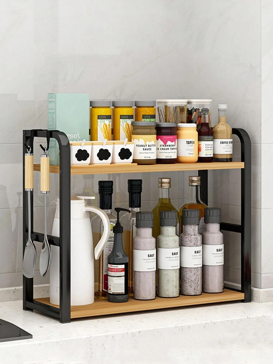 1pc Double-Layer Large Capacity Spice Storage Rack, Kitchen Cabinet Organizer Storage Shelf, Kitchen Countertop Multi-Function Storage Rack, Household Storage Rack, Spice Jar Storage Rack With Hook Accessory - Black - View 1