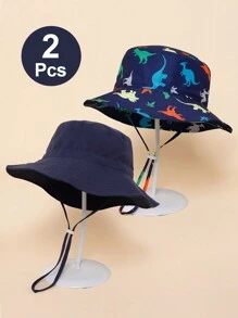 2pcs Children Solid Color Dinosaur Printed Chin Strap Sun Hat For Summer Beach Sunscreen Fishing - Navy Blue - View 6