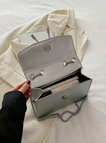 迷你时尚纯色可爱蝴蝶结小方包带链条单肩包，适合逛街，钱包，逛街，年轻女性，大学生，新人，白领。非常适合办公室，大学，工作，商务，通勤，户外，旅行和郊游 - 銀色 - 查看 7