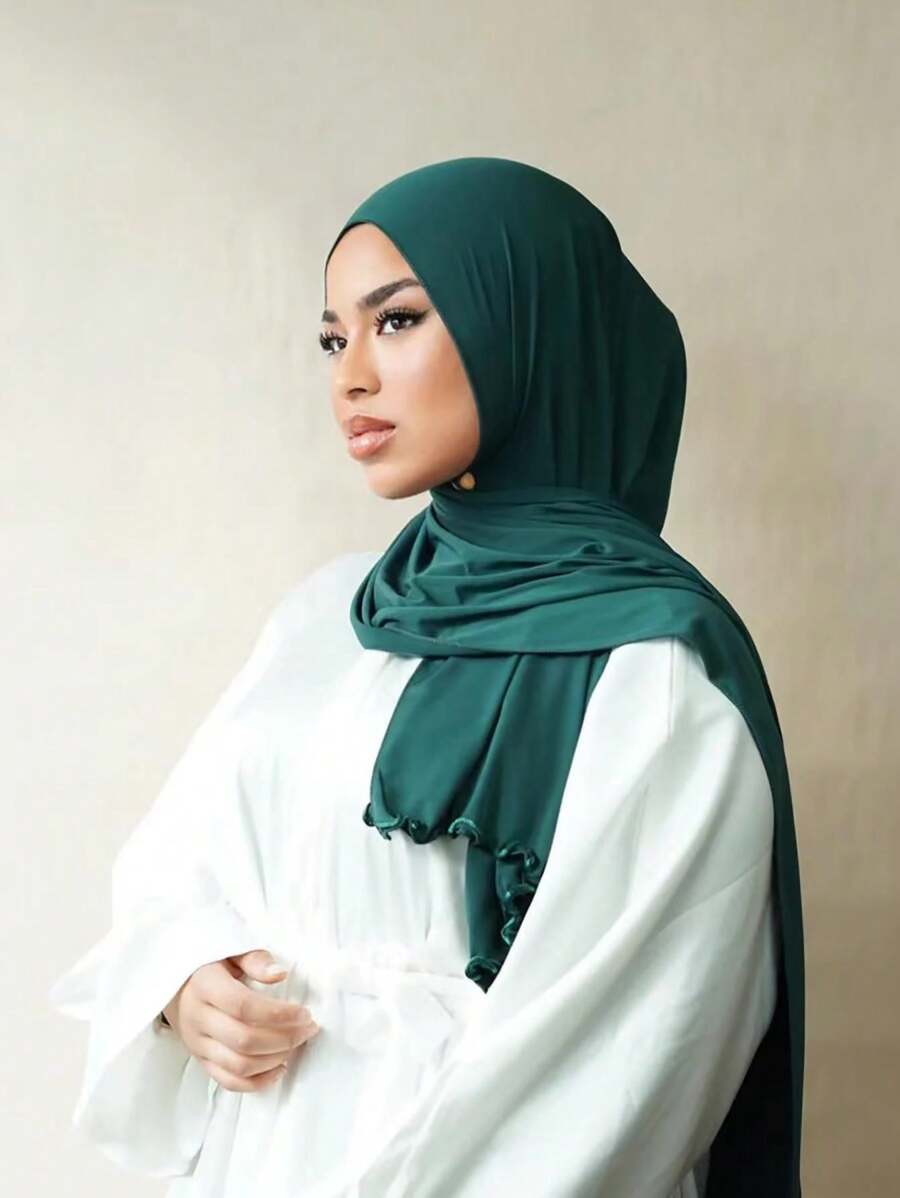 1pc Ear Edges Ornament Women's Casual Solid Color Hijab Modal Soft Headscarf, Arab Style Scarf For Modesty, Suitable For Daily Use Abaya Accessories - Green - View 1