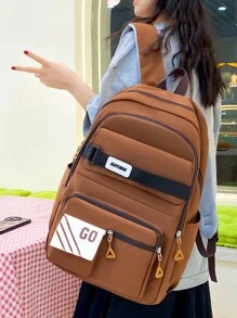 Lightweight Fashionable Letters Pattern Student Backpack With Large Capacity, Double Shoulder Bag, Book Bag, Crossbody Bag, And Pencil Case Set - Brown - View 3
