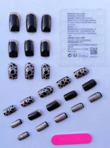 24 piezas Uñas postizas con patrón de leopardo negro y dorado + Gel de gelatina + Juego de lima de uñas, Suministros para uñas - Café integral - Ver 3