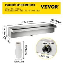 Pool Fountain Stainless Steel Pool Waterfall Spillway With Pipe Connector Rectangular Garden Outdoor (17.7\") - Silver - View 7