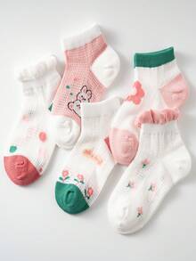 Cute Girls Socks - Comfortable Bunny & Floral Pattern Socks 5 Pairs/Set - Multicolor - View 1