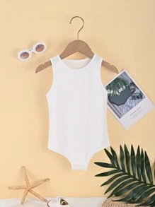Tween Girls' Solid Color Sleeveless Bodysuit With Round Neckline - White - View 1