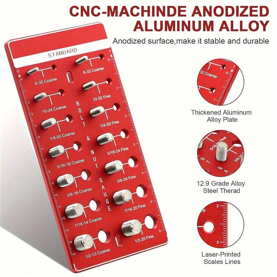 1 Set Nut And Bolt Thread Checker, Inch And Metric Thread Checker, Bolt Size And Thread Gauge, Bolt And Nut Identifier Gauge, Bolt Gauge,Tools For Men - 紅木色 - 查看 1