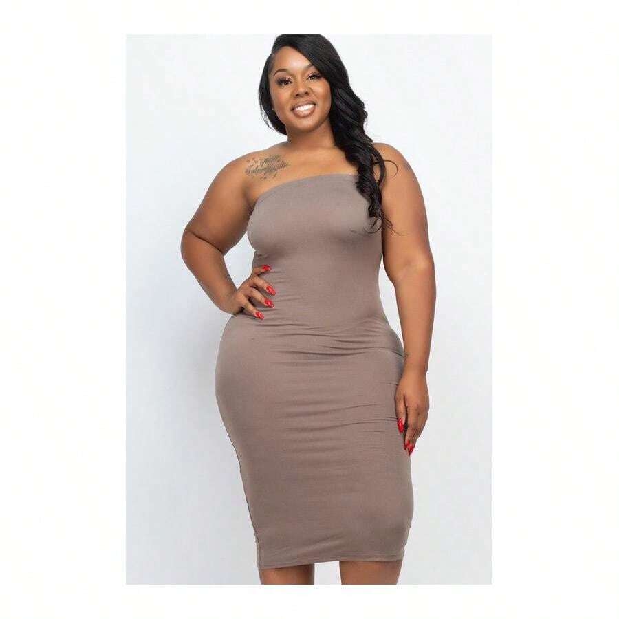 Plus Size Solid Strapless Tube Bodycon Midi Dress - 米色 - 查看 1