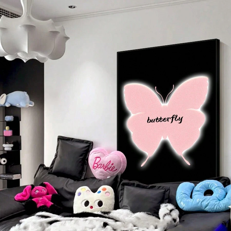 1入40*60cm油畫畫布INS風格蝴蝶客廳沙發背景牆藝術，優雅創意的臥室床頭板裝飾，建議自行裱框 - 粉色 - 查看 1