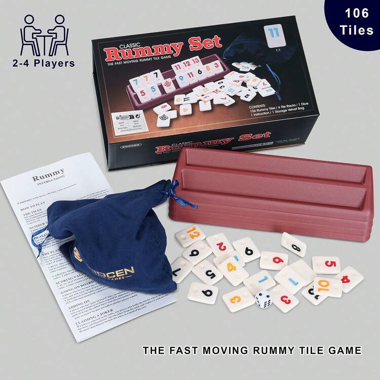 1 Set Rummy Cube Game,Travel Size Rummy Game , Mini Rummy Set For 2-4 Players, With 106 Rummy Tiles, 4 Playing Racks, 1 Storage Velvet Bag, 1 Dice - Black - View 4