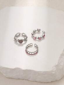 3 件时尚开口戒指，带心形水钻装饰，适合女性日常佩戴情人节 - 銀色 - 查看 5