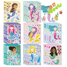 8/16/24/32张美人鱼主题卡通脸贴纸，适合DIY手工制作和生日派对用品 - 彩色 - 查看 29