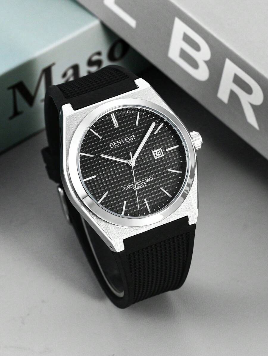 DENVOSI Men's Silicone Watch, Arabic Numerals Scale, Fashion Business Waterproof Date Display Quartz Wrist Watch, Daily Decoration - Black - View 1