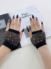 1對女士短款龐克風中空魚網性感無指手套，哥德風格鑲有鑽石的半指袖套 - 彩色 - 查看 1