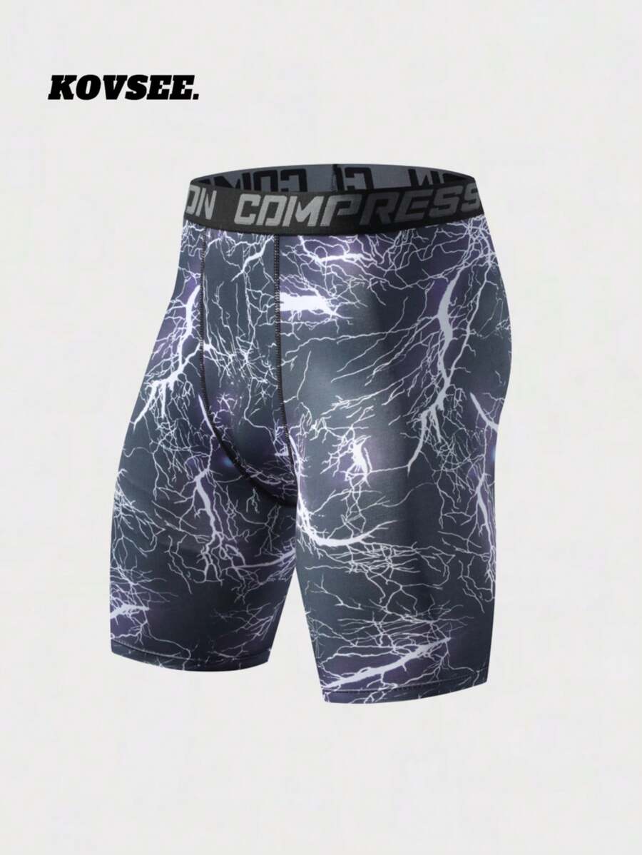 KOVSEE 男友风格男士闪电与字母印花编织带篮球透气速干高弹力运动紧身裤 - 紫色 - 查看 1