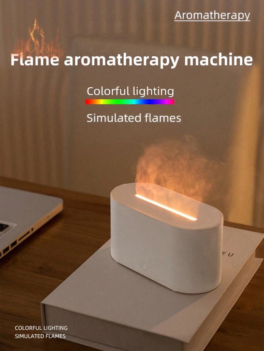 1-częściowy stacjonarny nawilżacz do aromaterapii, funkcja 2 w 1, 7-kolorowa lampka nocna z symulowanym płomieniem, lampa nastrojowa. Nadaje się do biura, salonu, sypialni i samochodu