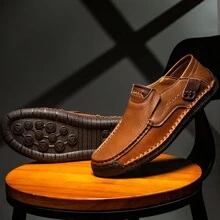 New Hand-Stitched Men's Outdoor Casual Shoe Slip-On Flat Leather Shoe Spring Low-Cut Breathable Plus Size Loafers - 棕色 - 查看 3