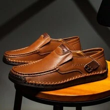 New Hand-Stitched Men's Outdoor Casual Shoe Slip-On Flat Leather Shoe Spring Low-Cut Breathable Plus Size Loafers - 棕色 - 查看 4