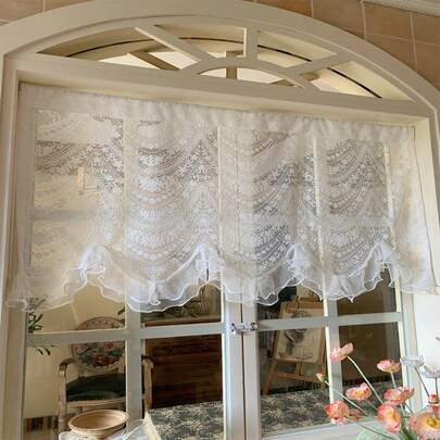 1pc White Lace Pearl Curtain, Vintage European Countryside Decor, Sheer Voile Cafe Curtain For Kitchen, Bathroom Vanity, Cabinet
