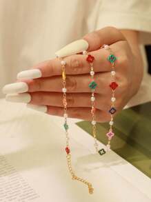 2pcs/Set Fashionable Sweet Copper-Inlaid Zirconia Oil Drop Flower Four-Leaf Clover Pearl Bracelet And Necklace Women's Jewelry Gift Elegant For Daily Wear, Gatherings, Holidays, Dates, Parties Versatile Accessory Set(Four-Leaf Clover Color Is Random) - Hollow Four-leaf Clover Set - View 8