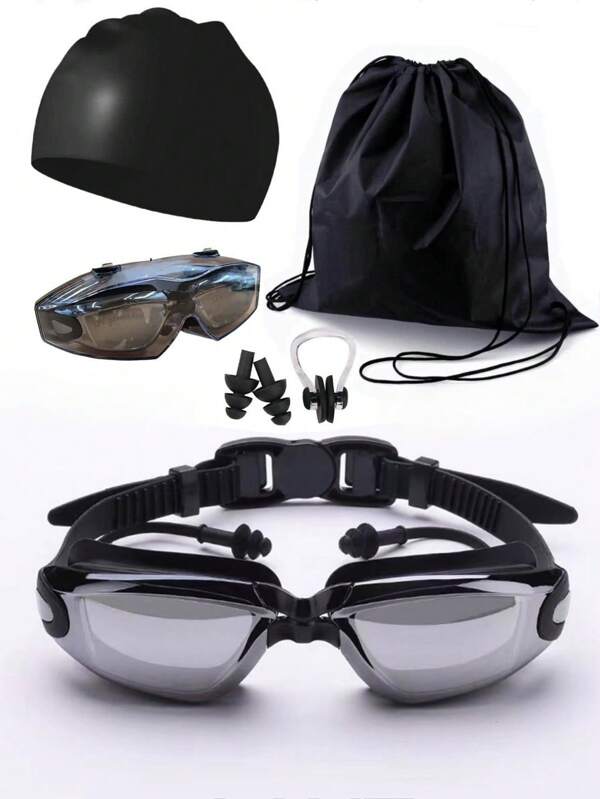 6pcs Solid Swimming Cap & Swimming Goggles With Case & Nose Clip & Earplug & Storage Bag