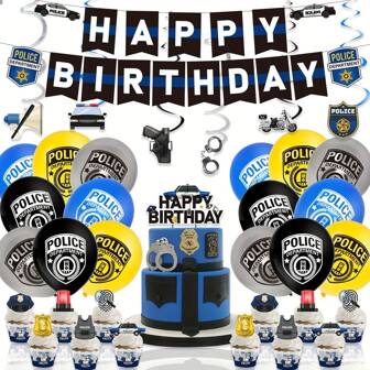38pcsPolice-Themed Birthday Party Decorations Party Supplies Include Happy Birthday Banner Black, Blue, Yellow And Grey Balloons Cake-Size Decorations Placards Party Decorations Spiral Lift Cards,Christmas