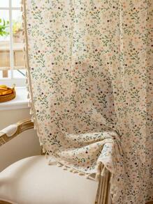 1pc Rustic Floral Curtain, Rectangular With Tassels Decor, Semi-Sheer Pole Top Curtain, Suitable For Bedroom, Living Room, Kitchen, Balcony, Patio, Study, Dining Room, Room Divider, Indoor Home Decor, All Season