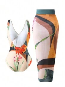 2pcs Summer Digital Print With Tie Front Beachwear Set - Swimsuit & Sarong Skirt - Khaki - View 2