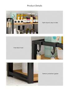 1pc Double-Layer Large Capacity Spice Storage Rack, Kitchen Cabinet Organizer Storage Shelf, Kitchen Countertop Multi-Function Storage Rack, Household Storage Rack, Spice Jar Storage Rack With Hook Accessory - Black - View 3