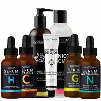 Kit Facial Quotidien:  1 Limpiador Facial5 235ml + 1 Tonico Facial 350ml + 1 Serum Vitamina C 30ml + 1 Serum Ácido Hialurónico 30ml + 1 Suero Niacinamida 30ml + 1 Serum Ácido Glicólico + 1 Contorno de ojos | Ingredientes Naturales | Limpieza Profunda | Poros Abiertos - Mejora la Textura | Firmeza y Tonificación | Disminución de arrugas y lineas de expresión