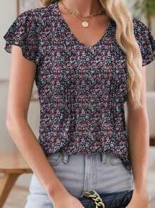 Women's V-Neck Ruffle Sleeve Casual T-Shirt - Red - View 4
