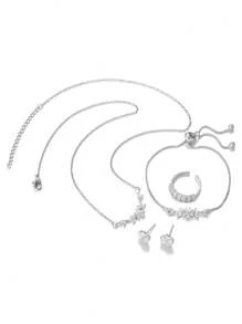 5pcs/Set Fashion Minimalist Floral & Leaf Zirconia Jewelry Set, Necklace, Bracelet, Ring, Earrings, Suitable For Party, Gift And Daily Wear