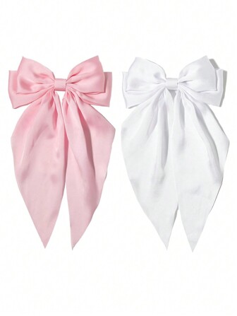 2pcs Girl's Large Size Bow Hair Clips, Elegant And Versatile Vintage Fashion Hair Accessories, Suitable For Daily Wear And Decoration, Cute (White And Pink)