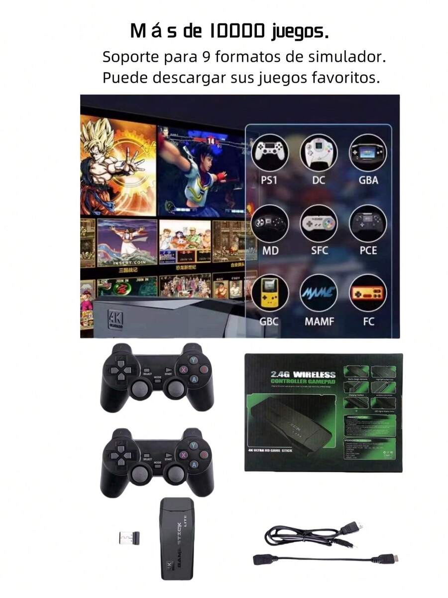 Consola de videojuegos retro M8,  Game Stick Lite 2023 HD Nuevo. Videojuego con Más de 10000 juegos Incorporados.2 gamepad inalámbrico, Soporte de salida de alta definición - Negro - Ver 1