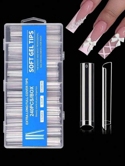 240 piezas de puntas de uñas transparentes sin curva C para uñas acrílicas profesionales, 3XL extra largas, desmontables en 12 tallas, media cobertura rectas, biseladas y cuadradas, puntas de uñas postizas ideales para salones de uñas, manualidades en casa y regalos