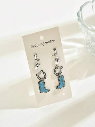 4 對/套復古西部牛仔風格綠松石月箭女牛仔帽子靴子花朵吊墜女式耳環