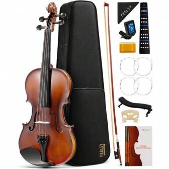 Fesley Violin 4/4 Full Set, Matt Fiddle Violins For Beginners With Hard Case, Solidwood Violin Starter Kit With Bow, Rosin, Shoulder Rest, Tuner, Extra Strings, Cleaning Cloth, Finger Guide