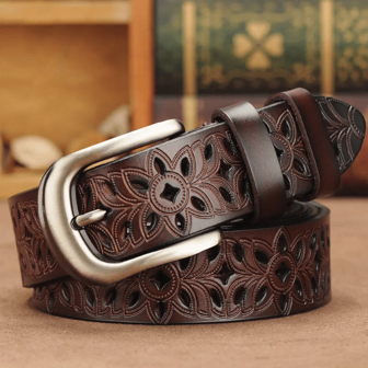 1Pc Brown Western Wear Women Hollow Pattern Belt, High-Quality Wear-Resistant And Waterproof Pu Leather Black Business Casual Skirts Accessories, Cowgirl Outfits Jeans Vintage Belts For Rodeo And Country Concert, Red And White Cottagecore Cinturones, Suitable For Daily Wear And Various Occasions. Summer, School Fall, Autumn, Halloween