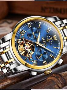 OLEVS頂級奢華男士不銹鋼發光休閒時尚3Bar防水戶外運動機械手錶6617 - 藍色 - 查看 5