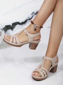 Women's Summer New Mid-Heel Thick-Soled Sandals, Strap , Korean Style, Versatile Chunky Heel, Peep Toe, Stitched, Comfortable, , Plus Size, Fashion - Khaki - View 3