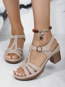 Women's Summer New Mid-Heel Thick-Soled Sandals, Strap , Korean Style, Versatile Chunky Heel, Peep Toe, Stitched, Comfortable, , Plus Size, Fashion - Khaki - View 4